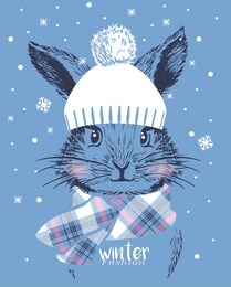 cute bunny head in winter hat and scarf kids vector illustration for t shirt on blue background