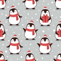 penguin seamless pattern background, cartoon christmas theme, animal vector illustration 