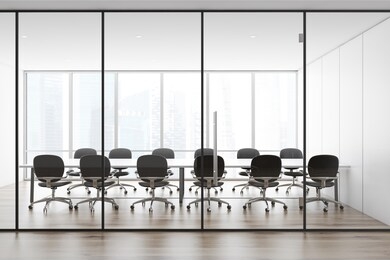 interior of panoramic conference room with white panel walls, wooden floor, long table with black armchairs. concept of discussion. 3d rendering