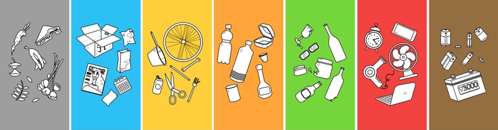 waste sorting, sorting waste for recycling, garbage sorting, recycling bins. different types of garbage: paper, plastics, scrap metal, glass, organic, e-waste. modern flat vector illustration.