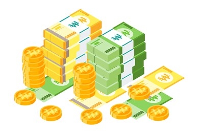 stack of south korean won krw 50k and 10k paper money and metal coin vector illustration and design. korea currency and payment instrument element. can be used for web,mobile, infographic, and print.