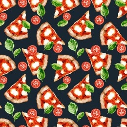 watercolor hand painted italian cuisine tasty pizza slices illustration seamless pattern - wallpaper, wrapping paper, fabrics design