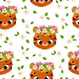 vector pattern with cute tiger and flowers. vector seamless pattern. perfect for fabric, wallpaper, textile, wrapping paper or nursery decor