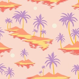 vintage seamless island pattern. colorful summer tropical background. landscape with palm trees, beach and ocean. flat design, vector. good for textile, fabric, t-shirt, wallpaper, wrapping.