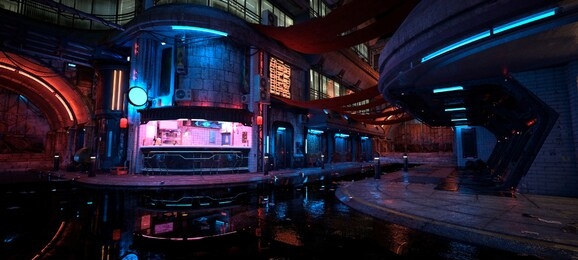 neon night in a futuristic city. photorealistic 3d illustration. wallpaper in a cyberpunk style. empty street with neon lights reflecting in a water. beautiful night cityscape. grunge urban landscape.