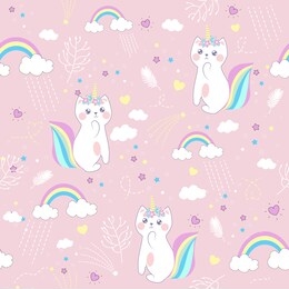 vector illustration .pattern with cute caticorn and clouds and a rainbow.fairyland.