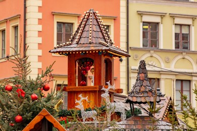 christmas tree deocration, baubles on market in wroclaw, poland