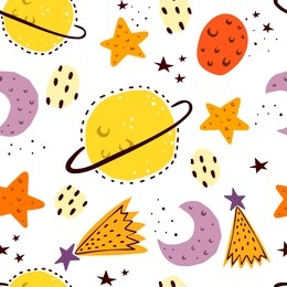 seamless pattern with planets, stars, crescents, decor elements. colorful vector for kids. hand drawing. space theme. baby design for fabric, wrapper, textile, print