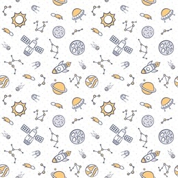 space, planets, stars and rockets. cosmic seamless pattern in doodle and cartoon style. hand drawn vector illustration.