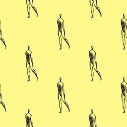 walking people seamless vector pattern. line art. yellow background.