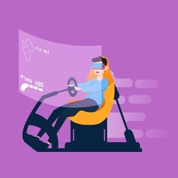 man playing racing car game using virtual reality headset