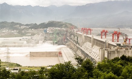 three gorges dam in china, on the yangtze river.  aerial view.