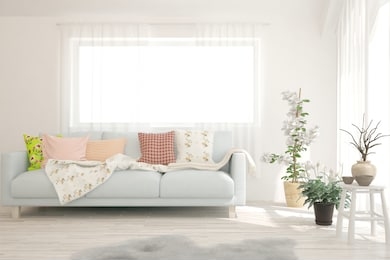realistic room in white color with sofa. scandinavian interior design. 3d illustration