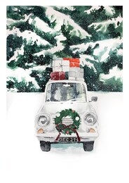 christmas card watercolor car with gifts in the winter forest