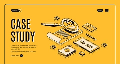 case study isometric web banner. business information research and analysis, magnifying glass above certificate, document with stamp, smartphone and stationery 3d vector landing page in line art style