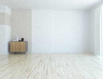white empty room interior with wooden floor, large wall, white landscape in window. background interior. home nordic interior. 3d illustration