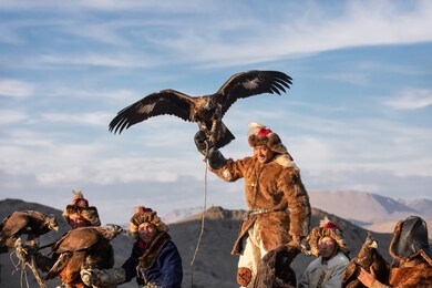 a group of traditional kazakh eagle hunters holding their golden eagles on horseback. ulgii, mongolia.