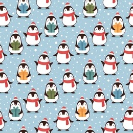 penguin seamless pattern background, cartoon christmas theme with blue wallpaper, animal vector illustration 