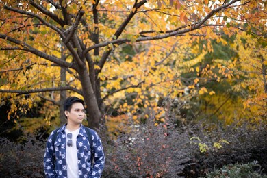 asian handsome man tourist age 29 years old in blue sweater at yellow and orange autumn leaves tree park background. copy space. osaka japan.