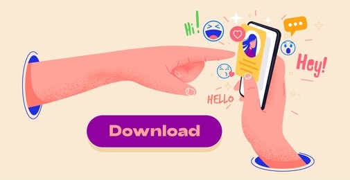 colorful app design, icons and emoticons on smartphone screen vector illustration. hand holding phone and pointing to the screen. editable mockup illustration. send new message. send emojis to friends