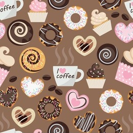 seamless pattern of delicious dessert and cup of hot coffee. sweet hearts, cupcakes, muffins, coffee beans. the cup says i love coffee. flat pattern, coffee colors, pink colors. vector illustrat