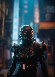 3d illustration of science fiction cyborg female in shiny black metal armor suit with helmet with red luminous glasses standing in night city street with shopping malls. concept art futuristic soldier