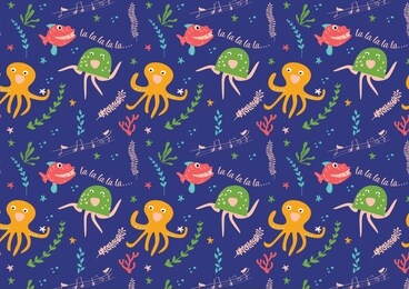 beautiful mermaids singing, dancing and playing little harp and guitar at the night,with sea animal in underwater of the ocean
