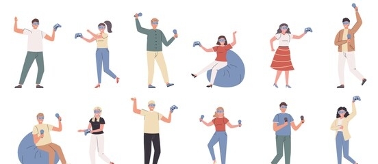 virtual reality, simulated world flat vector illustrations set. online gamers, computer game players team. people in 3d glasses cartoon characters bundle isolated on white background.