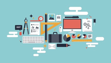 flat design vector illustration concept icons set of business working elements for development and management of computer technologies. isolated on stylish color background.