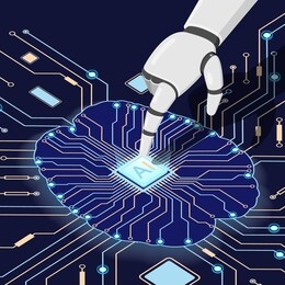 the artificial intelligence microprocessor on the circuit board. the hand of the robot touches the processor. ai. vector illustration.
