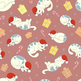 vector seamless pattern, background for illustrating christmas and new year . illustration with slleeping cats in red santa`s hats surrounded with gifts, candies and snow flakes