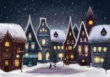 skaters on the ice. fabulous new year's city. snow-covered roofs, lights, magic. christmas comes to the world