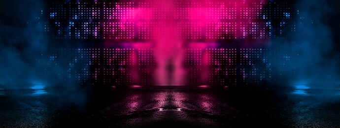 dark street reflection on the wet pavement. empty background scene. rays neon light in the dark, neon figures, smoke. night view of the street, the city. abstract dark background. abstract spotlight.