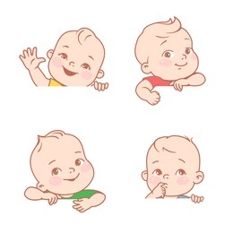 baby girl and boy on white background. logo template for baby product. kids shop, toys, clothes company emblem. little baby of 6-12 months with blank frame. color vector illustration.