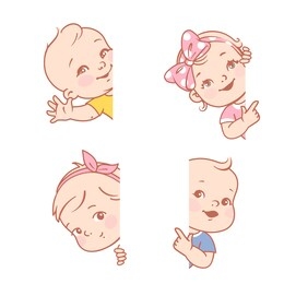 baby girl and boy on white background. logo template for baby product. kids shop, toys, clothes company emblem. little baby of 6-12 months with blank frame. color vector illustration.