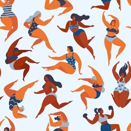 trendy pattern with girls in summer swimsuits. body positive. vector seamless pattern.