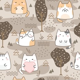 seamless pattern kawaii cute cats, cartoon animals background, vector illustration