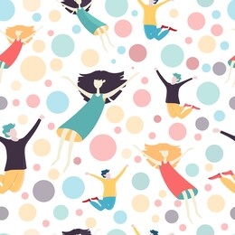 vector seamless pattern with active people. flat cartoon characters. abstract background with colorful circles.