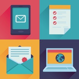 vector communication icons in flat retro style - mail, message, contract, website addres