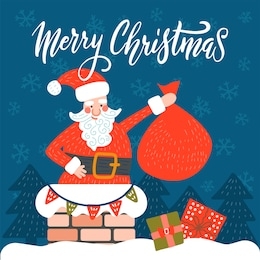 fat happy santa claus trying to enter into house through chimney on christmas eve. santa claus with bag with gifts in house chimney. happy new year decoration. trendy flat illustration.