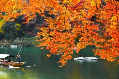 boatman punting the boat at river. arashiyama in autumn season along the river in kyoto, japan.