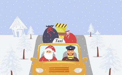 christmas eve:santa claus going on holiday in a yellow taxi.santa bags and boxes with gifts on the roof of a cab.cabbie in the uniform cap driving a taxi.snow is falling.raster flat illustration