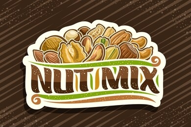 vector logo for nut mix, decorative cut paper tag with illustration of heap raw variety nuts and flourishes, design concept with original brush script for words nut mix on brown abstract background.