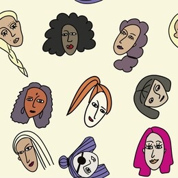 seamless texture female faces of different nationalities and cultures. modern, strong and independent female types of persons. digital outline fashion illustration. colored vector seamless faces suita