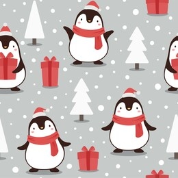 penguin seamless pattern background, cartoon christmas theme, animal vector illustration 