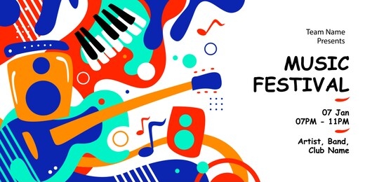 music festival background banner template with colorful guitar and piano instrument shape. creative decorative pattern poster brochure for event and concert. vector illustration.