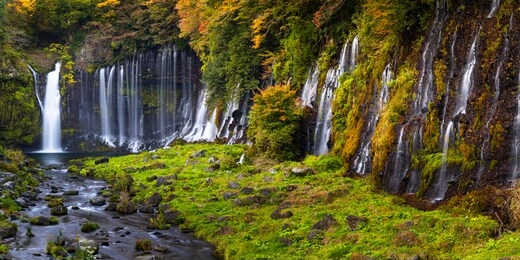 the beautiful shiraito falls and surrounds near mount fuji in japan. autumn colour surrounding much of the falls.