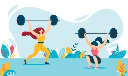 cartoon weight lifter woman characters training. strong girls in sportswear lifting and squatting heavy barbell. female in tracksuits. weightlifting fitness, workout, sport. vector flat illustration