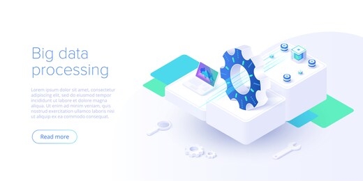 big data technology in isometric vector illustration. information storage and analysis system. digital technology web banner layout template for website landing page.