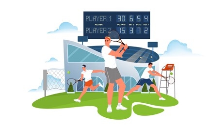 tennis player holding a racket on tennis court. tennis player training. athlete on the stadium. championship tournament. isolated vector illustration in cartoon style